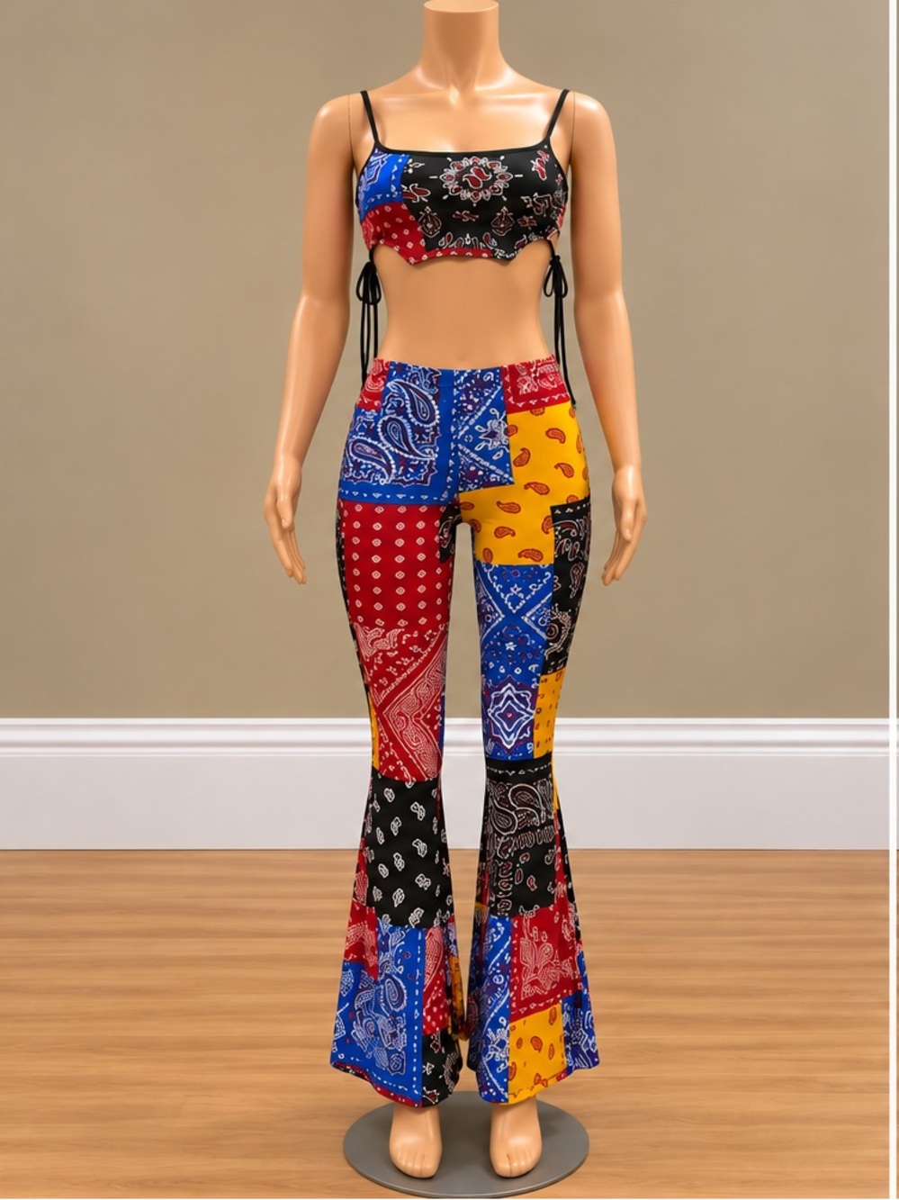 Touch Dolls Bandana Paisley Patchwork Crop Top Flare Pants Set Smal